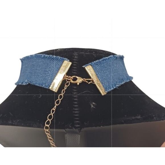 DENIM Choker Crystal Cross Pendent Med Blue Necklace Boho Punk Religious Christ - Picture 5 of 5
